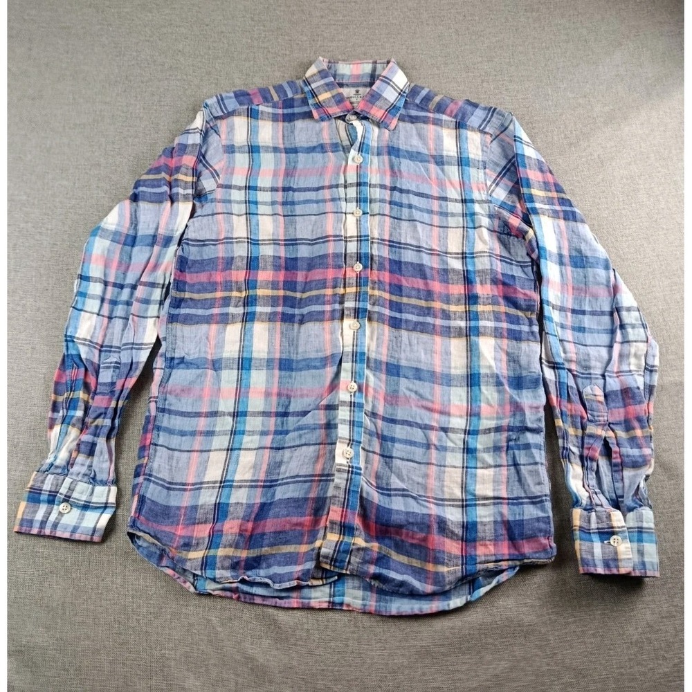 Turnbull & Asser Shirt Mens S Plaid Linen Weekend Fit Button Up Long Sleeve